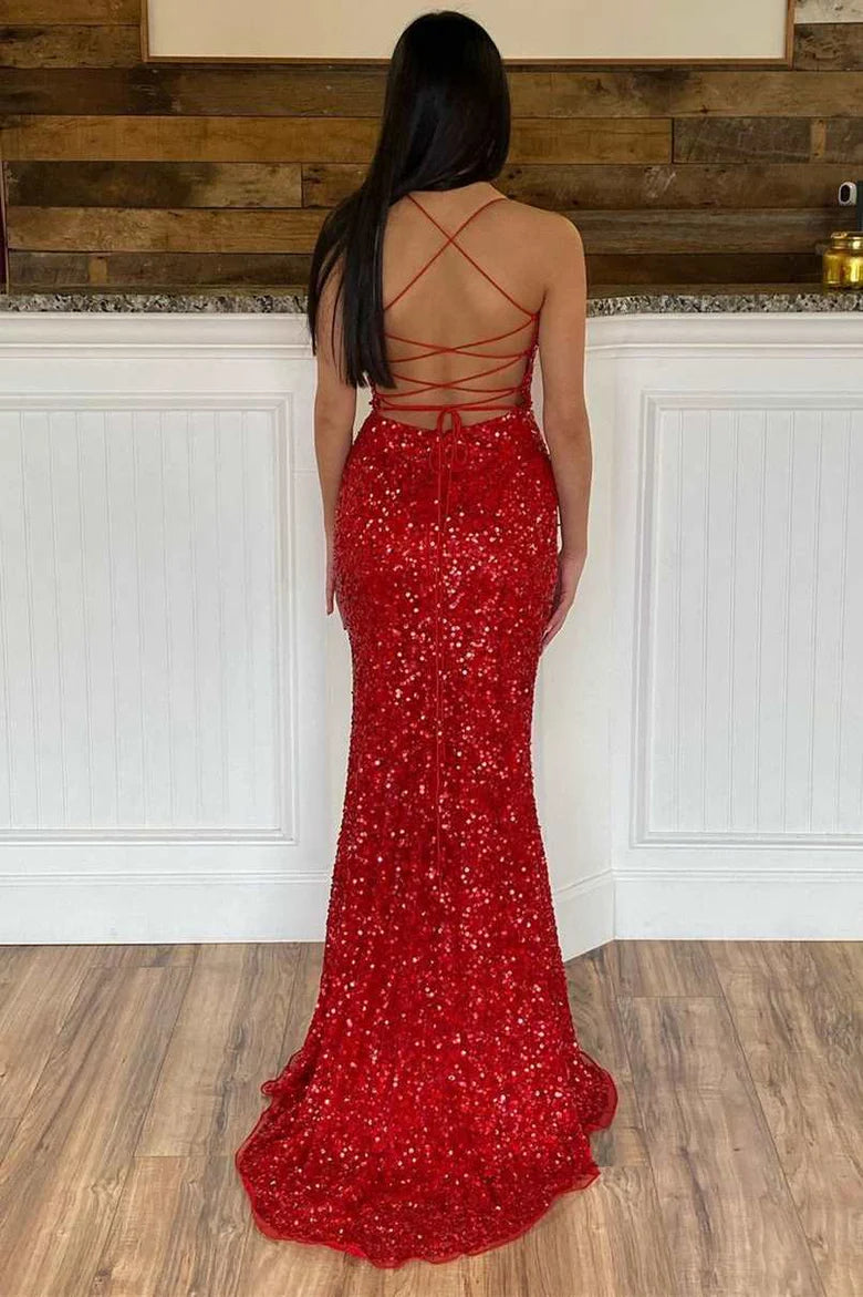 Vestido de fiesta de sirena con tirantes finos, lentejuelas, cuello halter, espalda descubierta y abertura
